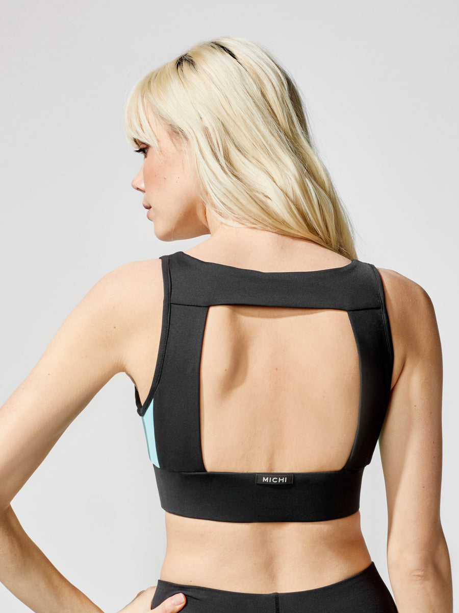 Releve Fashion Michi Power Bra Black Island Blue Sustainable Fashion Athleisure Activewear Brand Positive Luxury Brands to Trust Purchase with Purpose Shop for Good