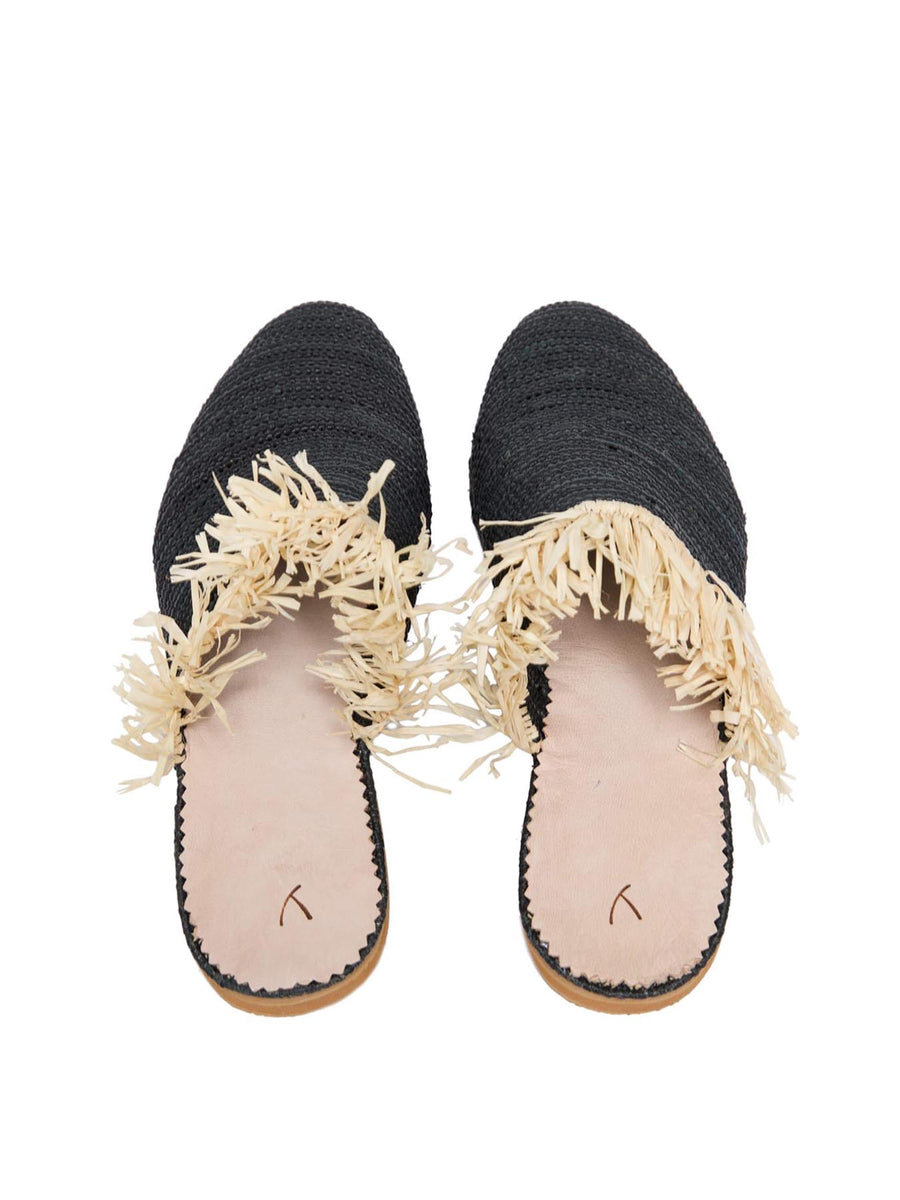 Releve Fashion Abury Black Beige Raffia Slippers with Fringes Sustainable Ethical Fashion Brand Certified B Corp Positive Luxury Brands to Trust Butterfly Mark Positive Fashion Purchase with Purpose Shop for Good