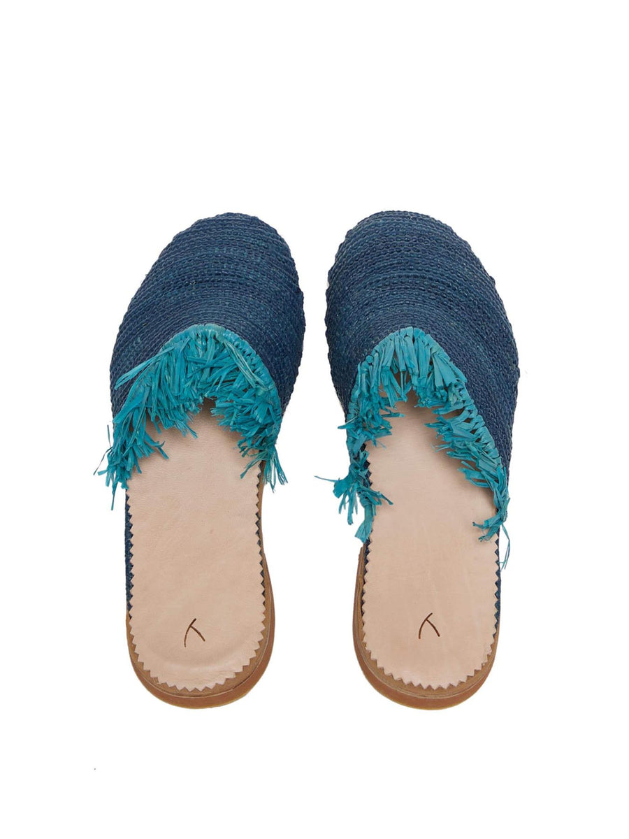 Releve Fashion Abury Blue Turquoise Raffia Slippers with Fringes Sustainable Ethical Fashion Brand Certified B Corp Positive Luxury Brands to Trust Butterfly Mark Positive Fashion Purchase with Purpose Shop for Good