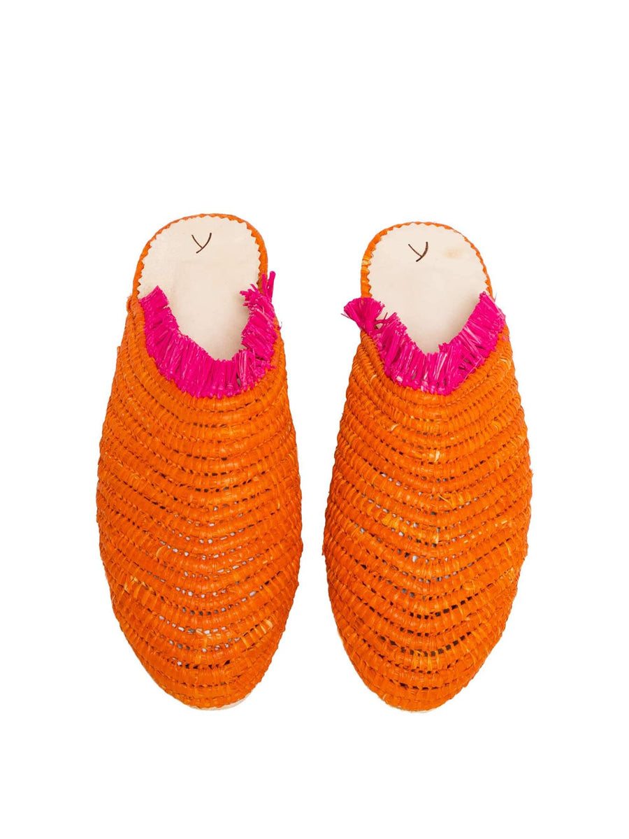 Releve Fashion Abury Orange and Pink Raffia Slippers with Fringes Sustainable Ethical Fashion Brand Certified B Corp Positive Luxury Brands to Trust Butterfly Mark Positive Fashion Purchase with Purpose Shop for Good