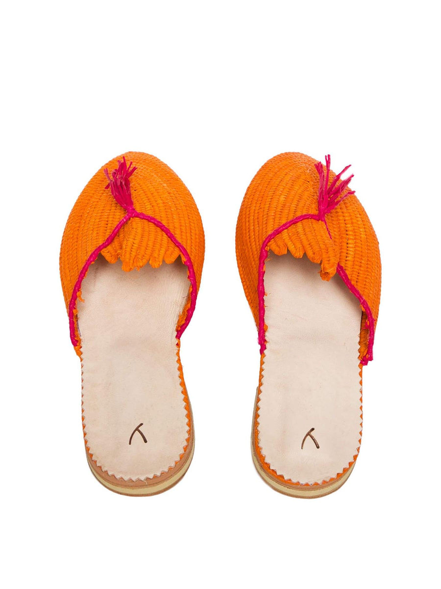 Releve Fashion Abury Orange and Pink Raffia Slippers with Tassle Sustainable Ethical Fashion Brand Certified B Corp Positive Luxury Brands to Trust Butterfly Mark Positive Fashion Purchase with Purpose Shop for Good