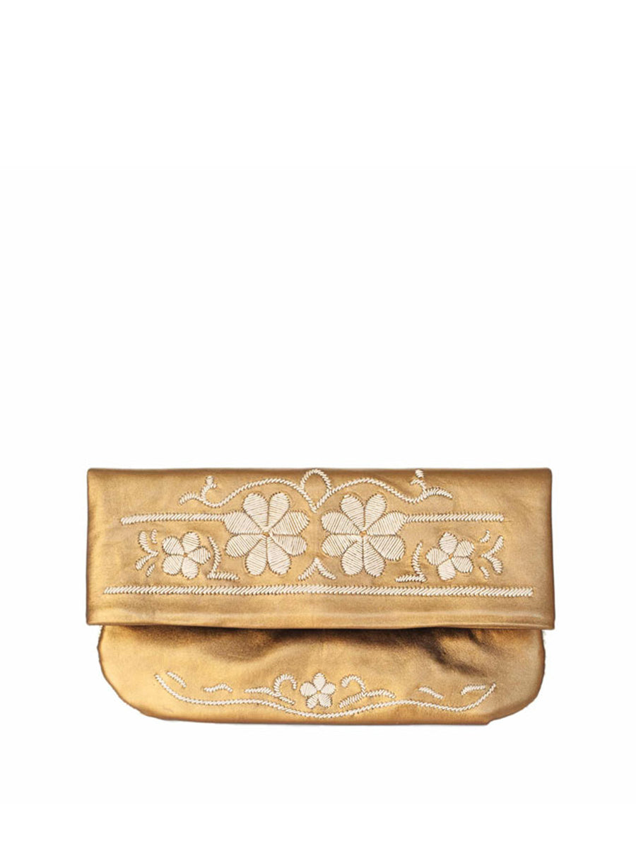 Releve Fashion Abury Shop for Good Buy Sustainable Fashion Ethical Fashion Brand Positive Fashion Positive Luxury Brands to Trust Butterfly Mark Certified B Corp Bronze Beige Floral Leather Clutch Bag
