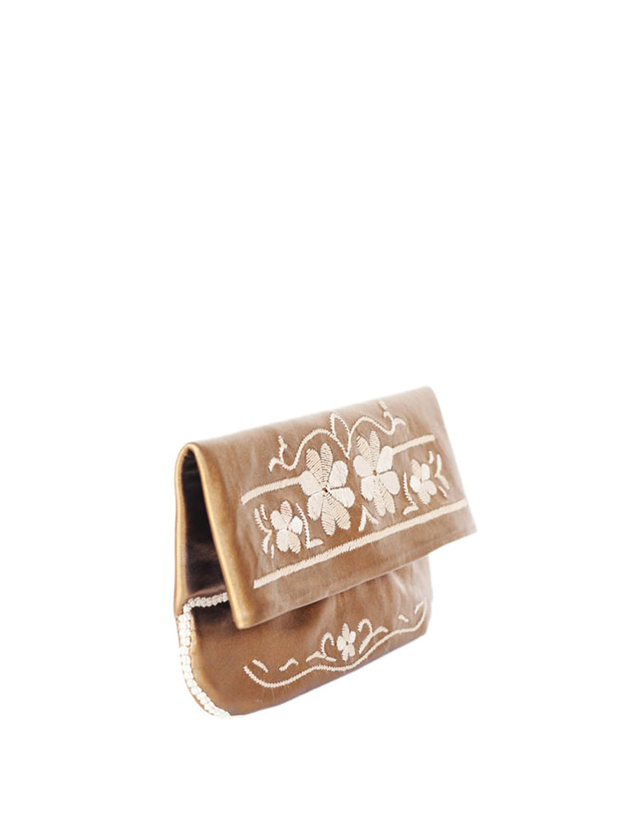 Releve Fashion Abury Shop for Good Buy Sustainable Fashion Ethical Fashion Brand Positive Fashion Positive Luxury Brands to Trust Butterfly Mark Certified B Corp Bronze Beige Floral Leather Clutch Bag