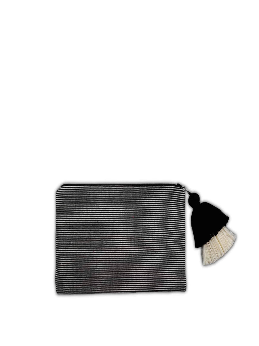 Releve Fashion Abury Black Cream Thin Striped Cotton Pouch Tassel Sustainable Ethical Fashion Brand Certified B Corp Positive Luxury Brands to Trust Butterfly Mark Positive Fashion Purchase with Purpose Shop for Good