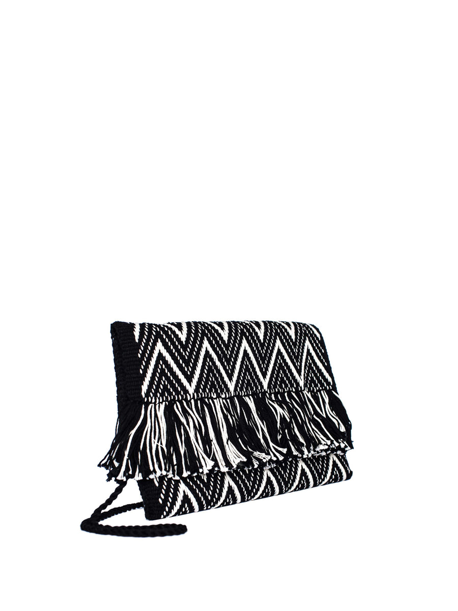 Releve Fashion Abury Black White Zig Zag Cotton Clutch Sustainable Ethical Fashion Brand Certified B Corp Positive Luxury Brands to Trust Butterfly Mark Positive Fashion Purchase with Purpose Shop for Good