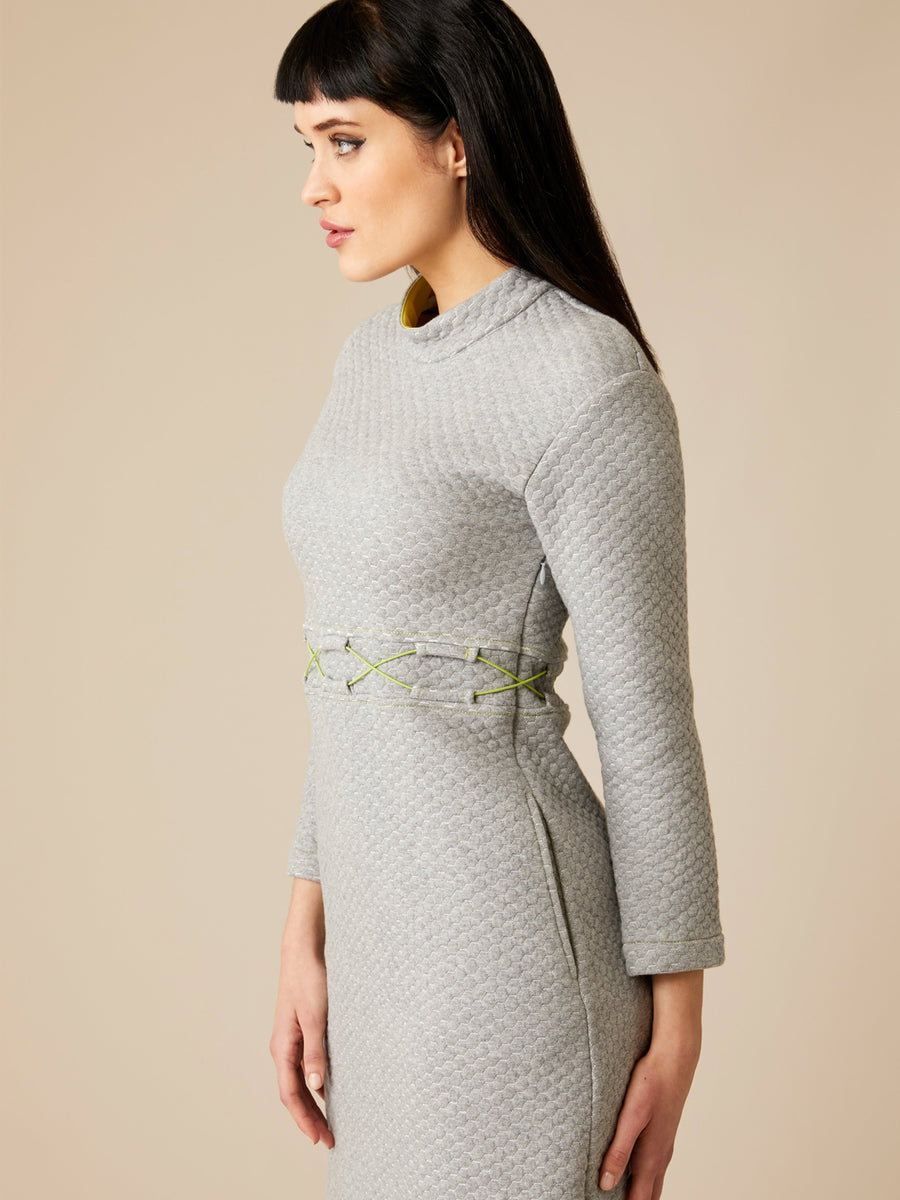 Releve Fashion Appareal Grey Hexagon Quilted Louise Dress Sustainable Fashion Conscious Clothing Ethical Designer Brand Technical Design Innovative Materials Purchase with Purpose Shop for Good