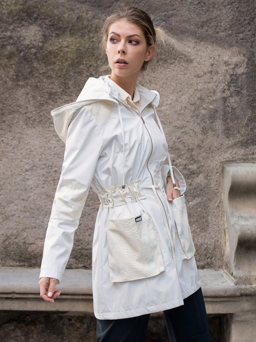 Releve Fashion Appareal Off-White Melissandra Gabardine and Faux Python Parka Sustainable Fashion Conscious Clothing Ethical Designer Brand Technical Design Innovative Materials Purchase with Purpose Shop for Good