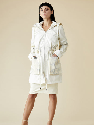 Releve Fashion Appareal Off-White Melissandra Gabardine and Faux Python Parka Sustainable Fashion Conscious Clothing Ethical Designer Brand Technical Design Innovative Materials Purchase with Purpose Shop for Good
