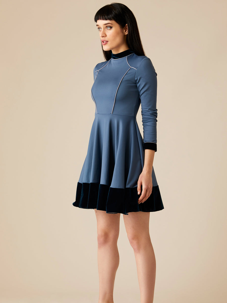 Releve Fashion Appareal Blue Melodie Double Knit Jersey Dress with Velvet Sustainable Fashion Conscious Clothing Ethical Designer Brand Technical Design Innovative Materials Purchase with Purpose Shop for Good