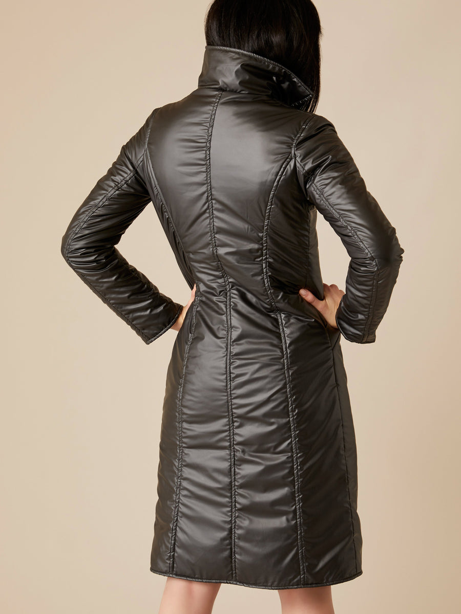 Releve Fashion Appareal Brown Waterproof Gabardine and Goose Thindown Michela Coat Sustainable Fashion Conscious Clothing Ethical Designer Brand Technical Design Animal-Friendly Cruelty-Free Innovative Materials Purchase with Purpose Shop for Good