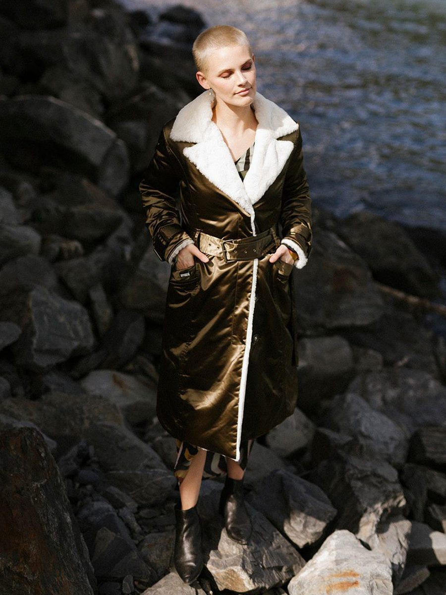 Releve Fashion Appareal Gold Teddy Faux Fur Coat Sustainable Fashion Conscious Clothing Ethical Designer Brand Technical Design Animal-Friendly Cruelty-Free Innovative Materials Purchase with Purpose Shop for Good