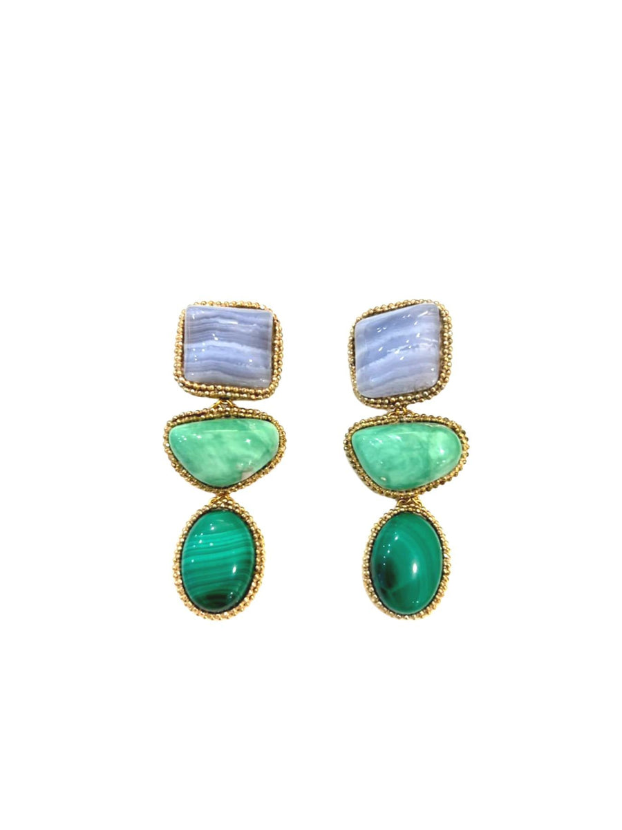 Releve Fashion Bea Valdes Light Blue and Light Green 3 Stone Earrings Necklace with Semi-Precious Stones Ethical Luxury Brand Sustainable Jewelry Conscious Fashion Purchase with Purpose Shop for Good