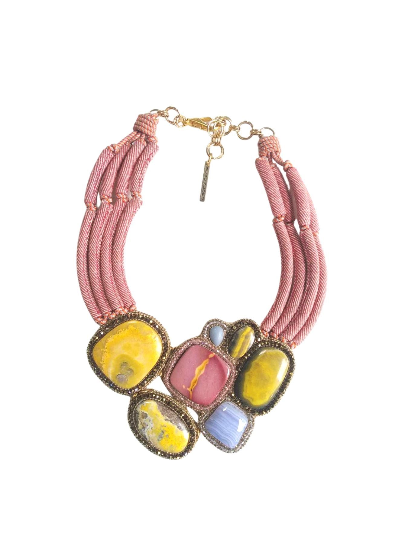 Bend Bugle Necklace with Semi-Precious Appliqué, Denim Red