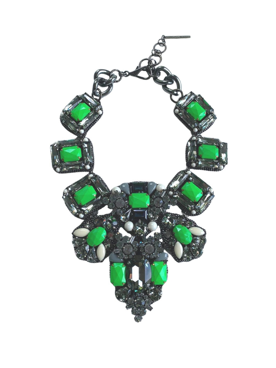 Releve Fashion Bea Valdes Epicenter Swarovski Necklace in Black and Neon Green Handmade Luxury Accessories Ethical Jewelry Designers Sustainable Fashion Brands Artisanal Purchase with Purpose Shop for Good