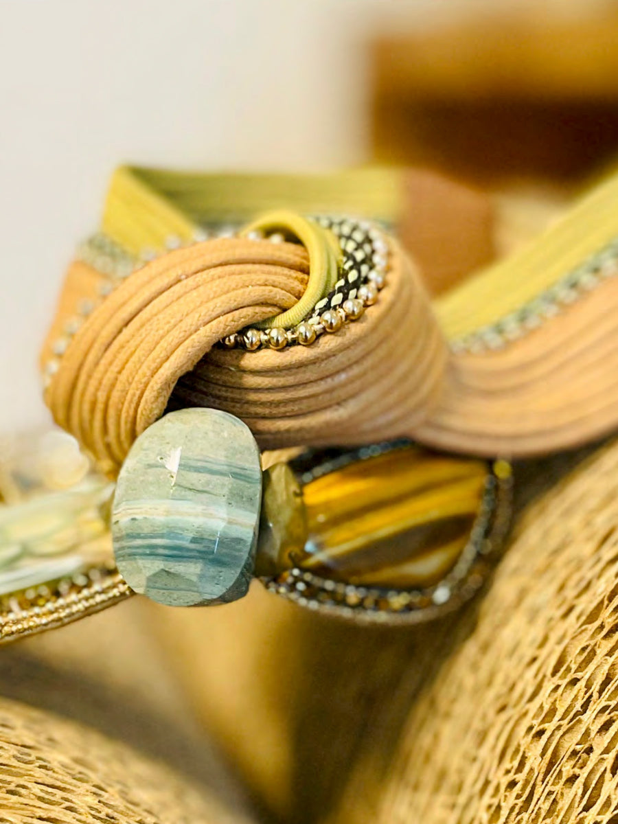 Releve Fashion Bea Valdes Hard Collar Necklace with Semi Precious Stones in Tan, Caramel and Green Handmade Luxury Accessories Ethical Jewelry Designers Sustainable Fashion Brands Artisanal Purchase with Purpose Shop for Good