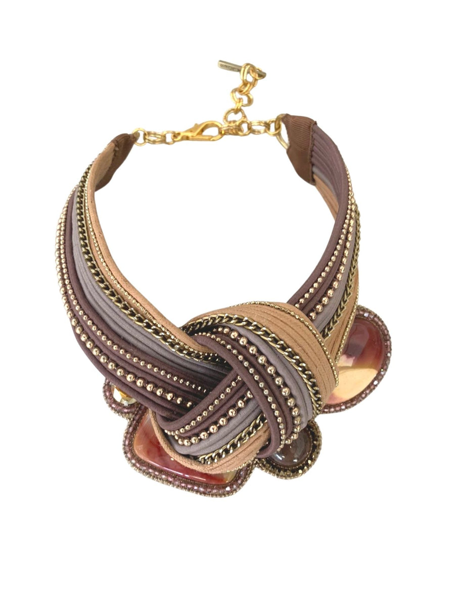 Releve Fashion Bea Valdes Hard Collar Necklace with Semi Precious Stones in Brown Copper and Mauve Handmade Luxury Accessories Ethical Jewelry Designers Sustainable Fashion Brands Artisanal Purchase with Purpose Shop for Good