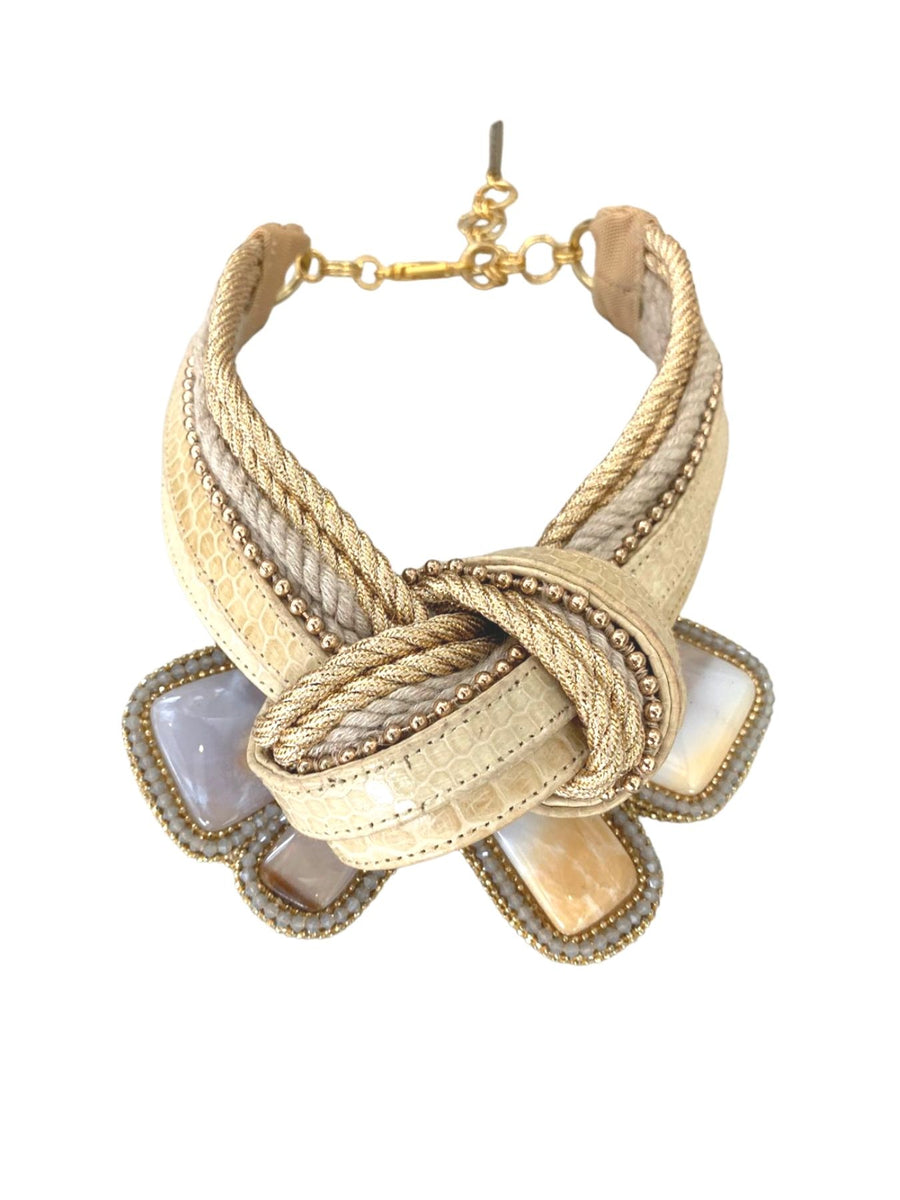 Releve Fashion Bea Valdes Hard Collar Knot Necklace with Semi Precious Stones in Beige and Cream Handmade Luxury Accessories Ethical Jewelry Designers Sustainable Fashion Brands Artisanal Purchase with Purpose Shop for Good