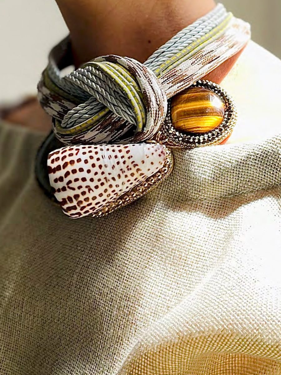 Releve Fashion Bea Valdes Multi-Strand Necklace with Semi Precious Stones and Shell in Light Blue and Green Handmade Luxury Accessories Ethical Jewelry Designers Sustainable Fashion Brands Artisanal Purchase with Purpose Shop for Good