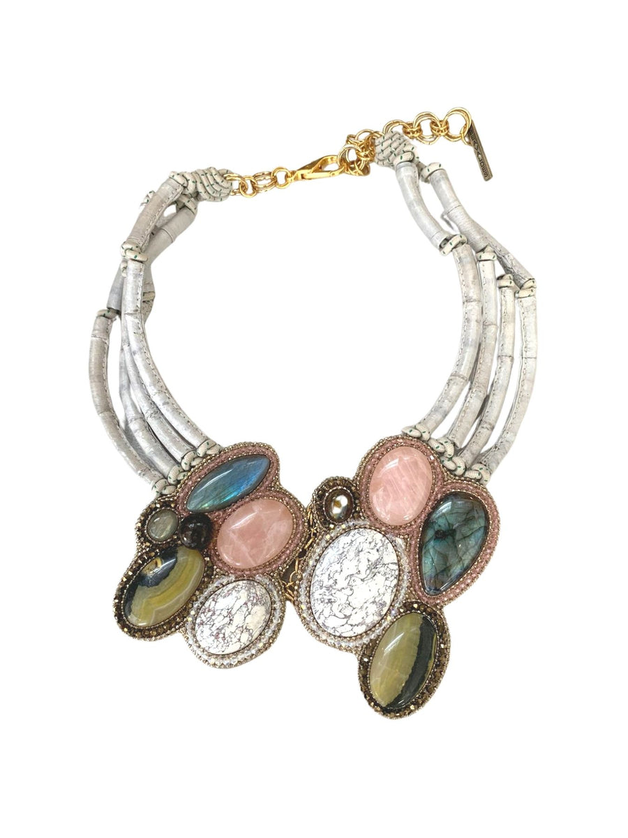 Releve Fashion Bea Valdes Hard Collar Multi-Strand Necklace with Semi Precious Stones in Light Grey Handmade Luxury Accessories Ethical Jewelry Designers Sustainable Fashion Brands Artisanal Purchase with Purpose Shop for Good