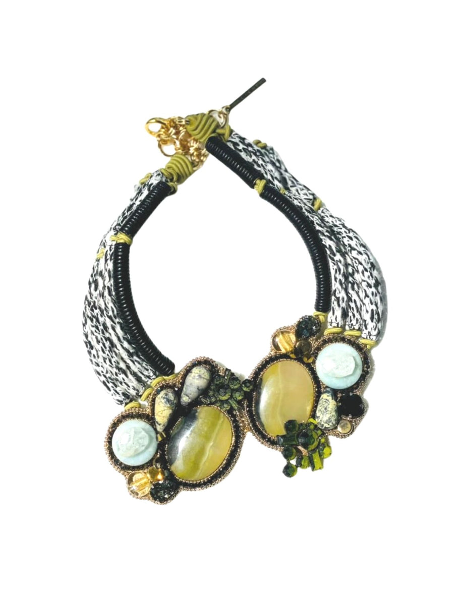 Releve Fashion Bea Valdes Bend Bugle Necklace with Semi Precious Stones in Black and Yellow Handmade Luxury Accessories Ethical Jewelry Designers Sustainable Fashion Brands Artisanal Purchase with Purpose Shop for Good