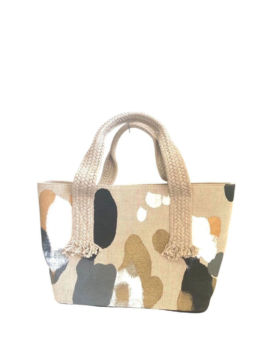 Releve Fashion Bea Valdes Beige / Black / Gold in Painted Linen Tote Bag Ethical Luxury Brand Sustainable Bag Conscious Fashion Purchase with Purpose Shop for Good