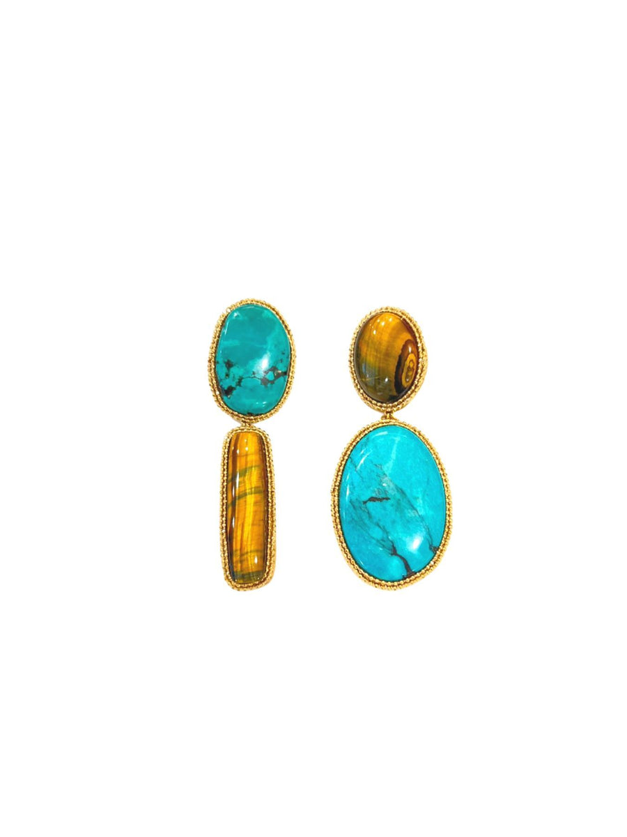 Releve Fashion Bea Valdes Green and Brown Two Stone Earrings with Semi-Precious Stones Ethical Luxury Brand Sustainable Jewelry Conscious Fashion Purchase with Purpose Shop for Good