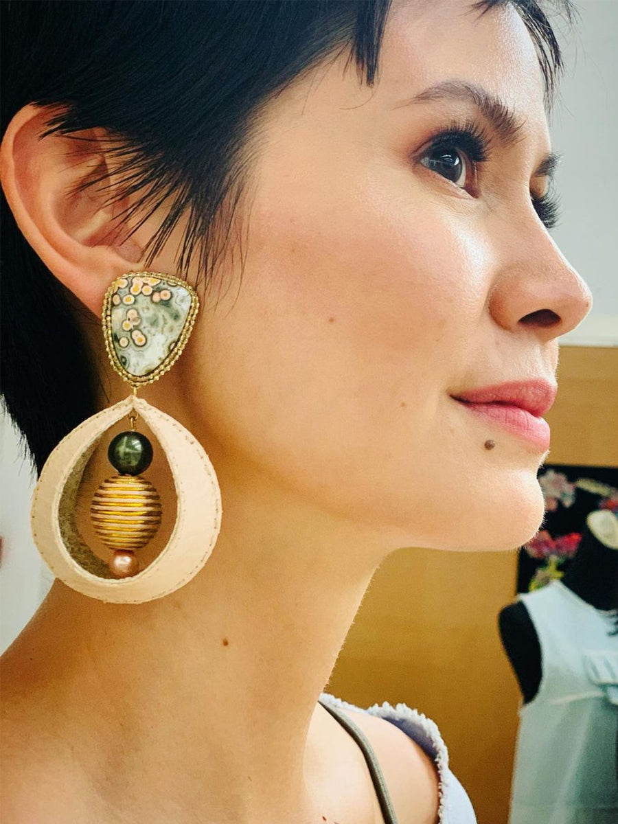 Releve Fashion Bea Valdes Stone and Snakeskin Dangling Earrings Beige Metallic Gold Ivory Handmade Luxury Accessories Ethical Jewelry Designers Sustainable Fashion Brands Artisanal Purchase with Purpose Shop for Good