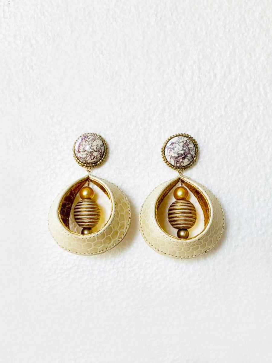 Releve Fashion Bea Valdes Stone and Snakeskin Dangling Earrings Beige Metallic Gold White Handmade Luxury Accessories Ethical Jewelry Designers Sustainable Fashion Brands Artisanal Purchase with Purpose Shop for Good