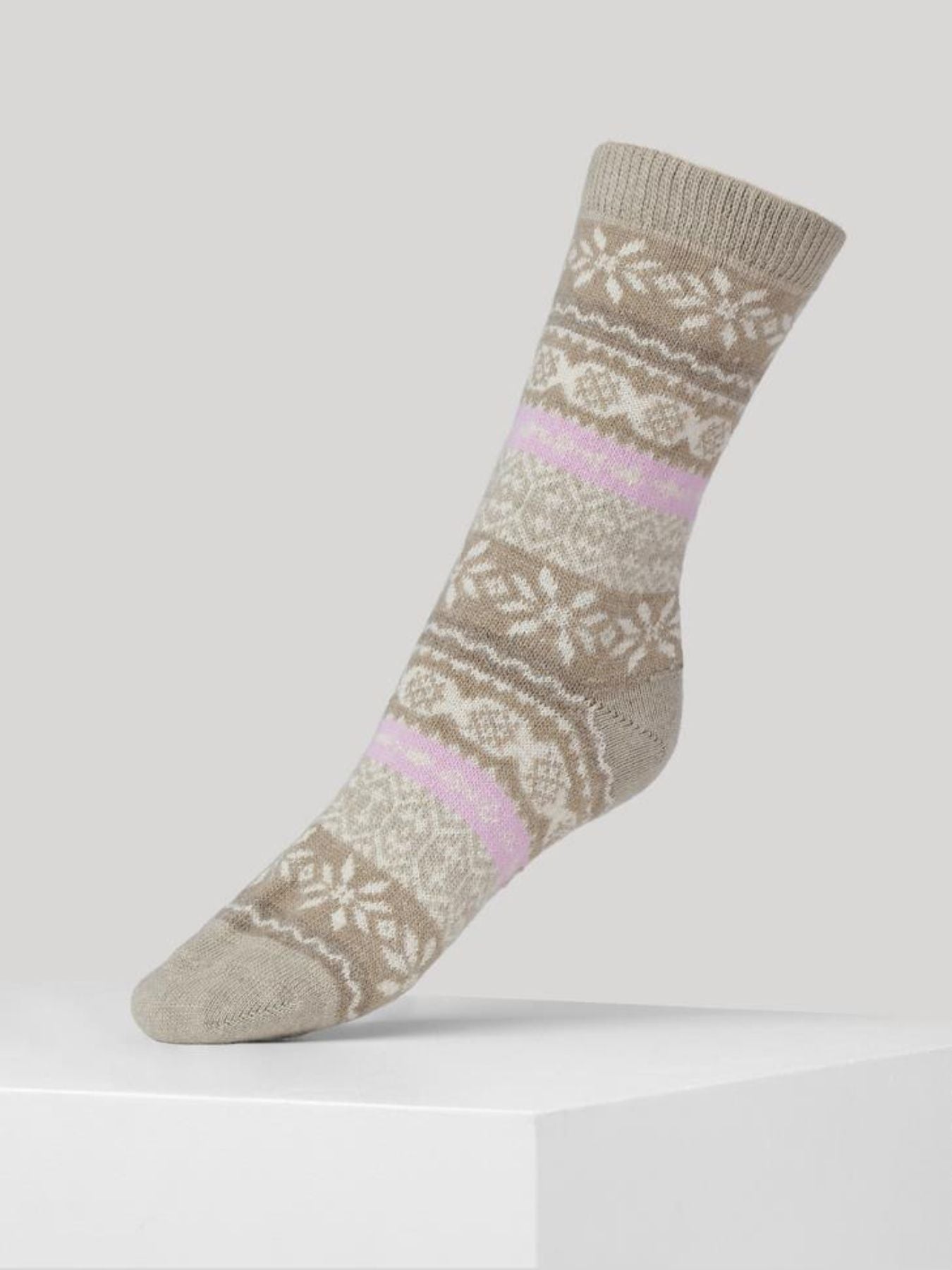 Ellen Recycled Norwegian Knit Crew Socks, Grey / Rose