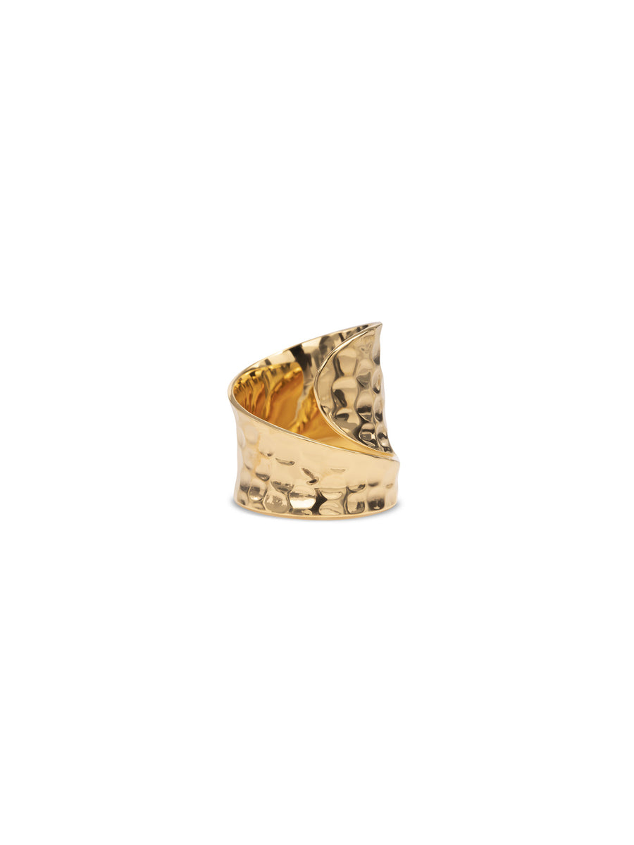 Relevé Fashion Emi & Eve Juno Hammered Wrap Ring in Gold Made of Recycled Missile Shells Responsible Luxury Conflict-Free Jewellery Ethical and Sustainable Designer Brand Purchase with Purpose Shop for Good
