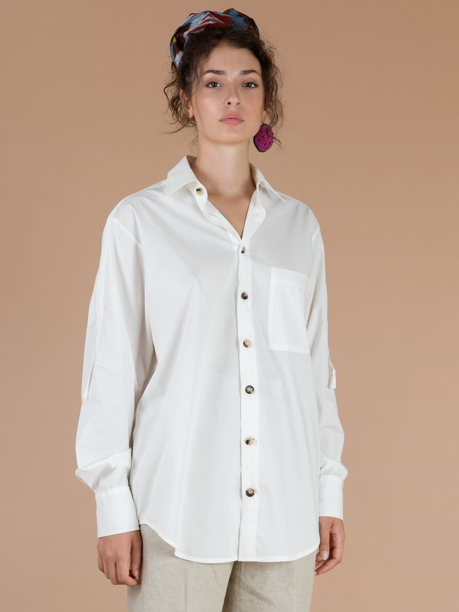 Releve Fashion Filanda n.18 Gertrude White Cotton Button Down Dress Shirt Sustainable Luxury Fashion Conscious Clothing and Accessories Ethical Designer Brand Artisanal Handcrafted Made in Italy Purchase with Purpose Shop for Good