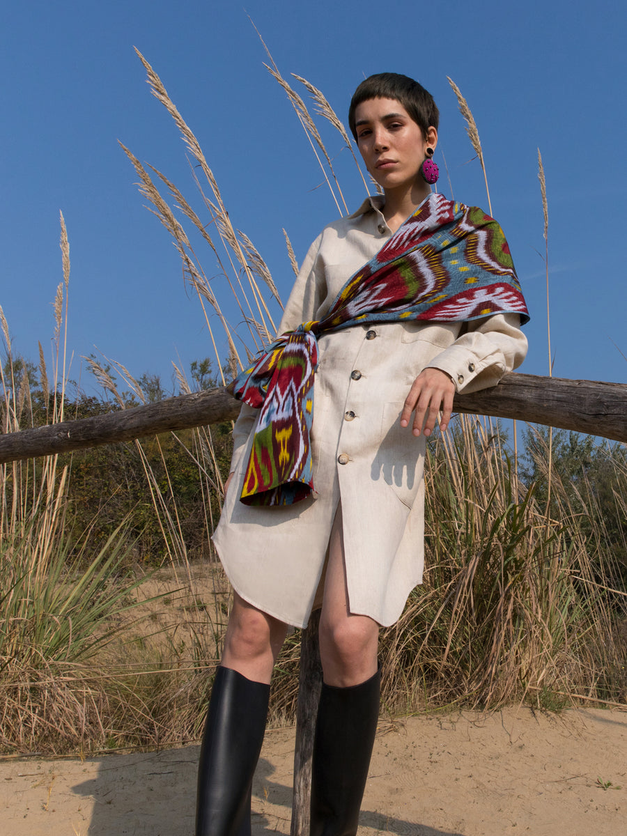 Releve Fashion Filanda n.18 Karen Beige Linen Shirt Dress Sustainable Luxury Fashion Conscious Clothing and Accessories Ethical Designer Brand Artisanal Handcrafted Made in Italy Purchase with Purpose Shop for Good