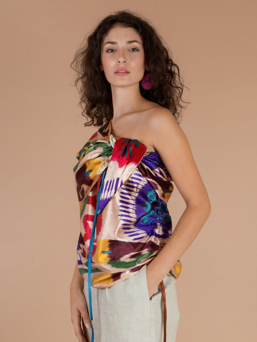 Releve Fashion Filanda n.18 Kokand Multicoloured Silk and Cotton Ikat Top Sustainable Luxury Fashion Conscious Clothing and Accessories Ethical Designer Brand Artisanal Handcrafted Made in Italy Purchase with Purpose Shop for Good