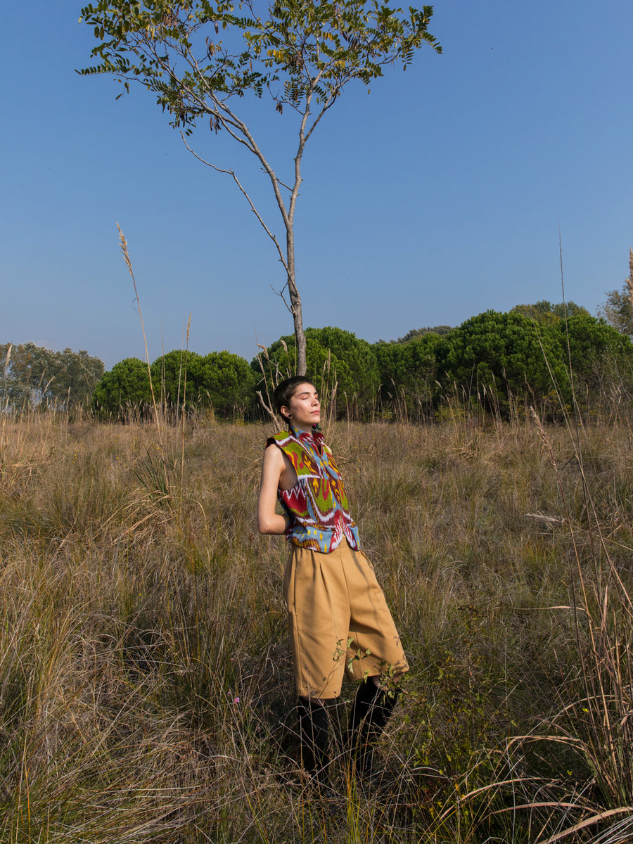 Releve Fashion Filanda n.18 Margilan Multicoloured Ikat Vest Sustainable Luxury Fashion Conscious Clothing and Accessories Ethical Designer Brand Artisanal Handcrafted Made in Italy Purchase with Purpose Shop for Good