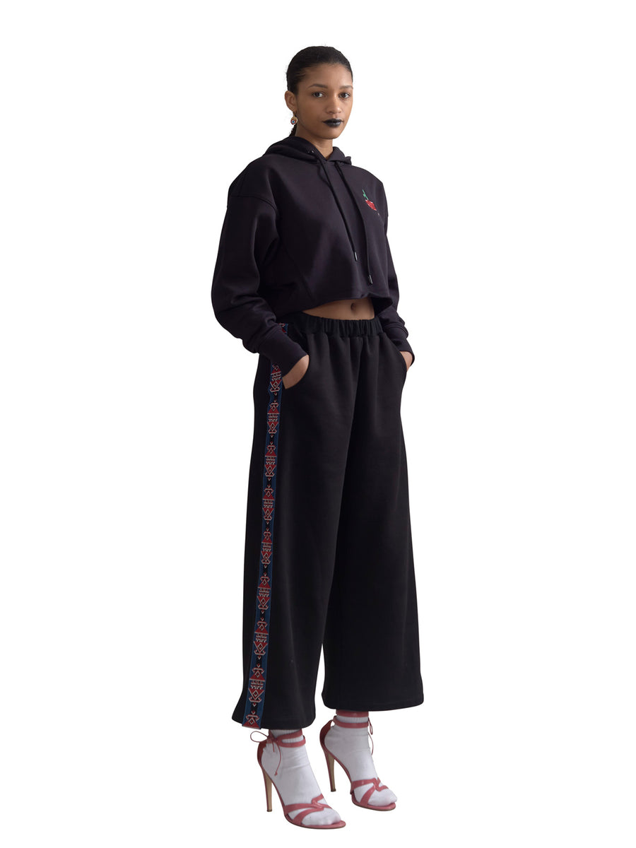 Releve Fashion Harem London Black Cropped Rose Organic Cotton Hoodie Unisex Sustainable Streetwear Style Conscious Clothing Ethical Fashion Designer Brand Handmade Purchase with Purpose Shop for Good