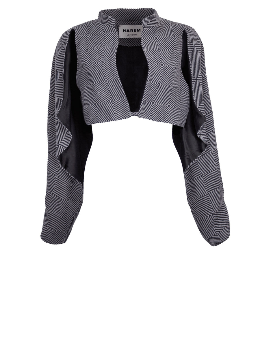 Releve Fashion Harem London Black White Diamond Patterned Efe Organic Cotton Capelet Sustainable Streetwear Style Conscious Clothing Ethical Fashion Designer Brand Handmade Purchase with Purpose Shop for Good