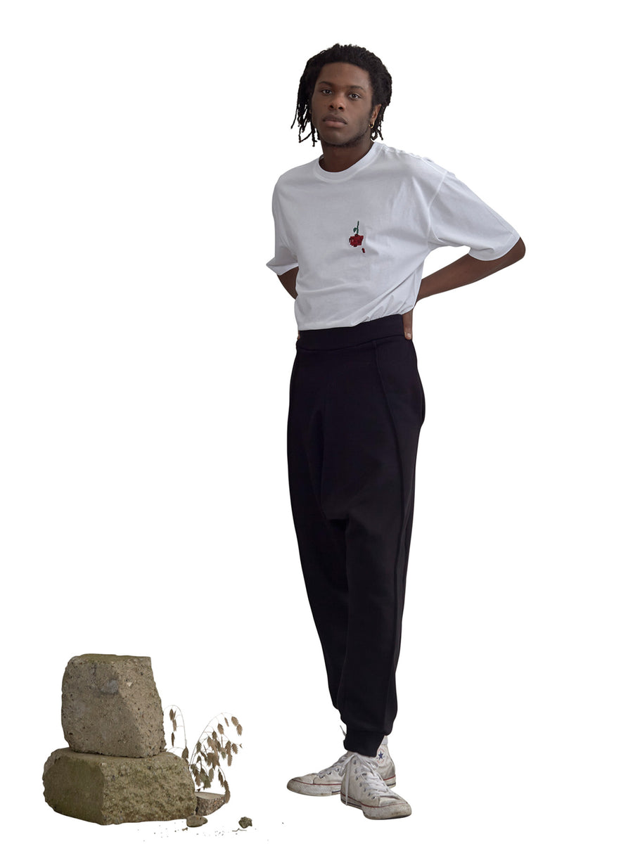 Releve Fashion Harem London White Rose Cotton T-Shirt Unisex Sustainable Streetwear Style Conscious Clothing Ethical Fashion Designer Brand Handmade Purchase with Purpose Shop for Good