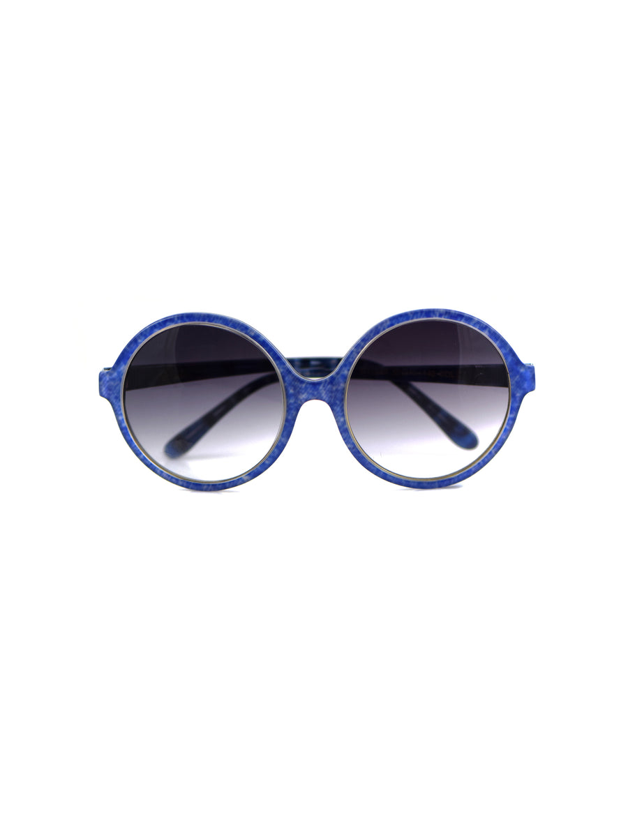 Releve Fashion Heidi London Blue Denim Circular Sunglasses Ethical Designers Sustainable Fashion Accessories Brand Eyewear Positive Fashion Purchase with Purpose Shop for Good