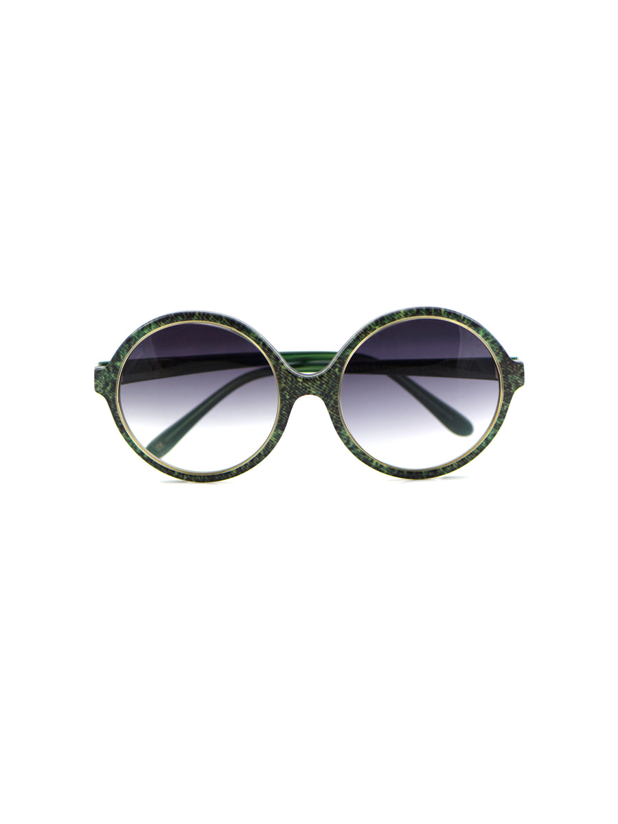 Releve Fashion Heidi London Forest Green Denim Circular Sunglasses Ethical Designers Sustainable Fashion Accessories Brand Eyewear Positive Fashion Purchase with Purpose Shop for Good