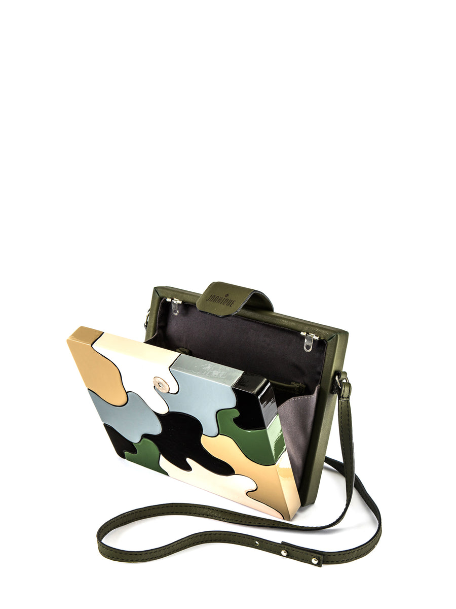 Releve Fashion Joanique Large Aurora Clutch Bag Green Brown Grey Ethical Designers Sustainable Fashion Accessory Brand Purchase with Purpose Shop for Good