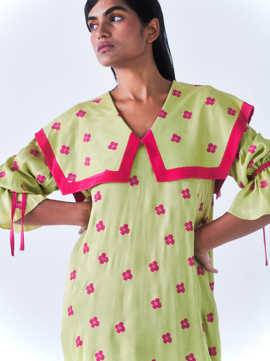 Releve Fashion Little Things Studio Chamba Collared Mini Dress Green Hot Pink Floral Print Ethical Luxury Brand Sustainable Jewelry Conscious Fashion Purchase with Purpose Shop for Good