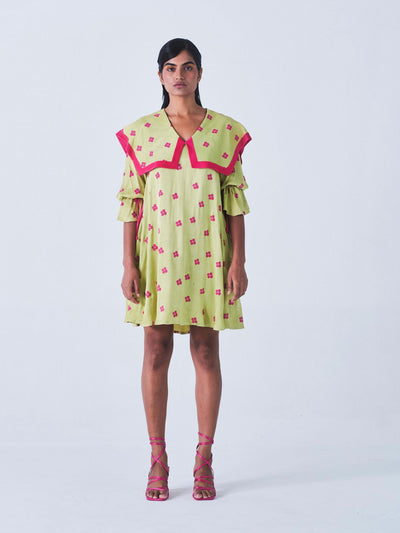 Releve Fashion Little Things Studio Chamba Collared Mini Dress Green Hot Pink Floral Print Ethical Luxury Brand Sustainable Jewelry Conscious Fashion Purchase with Purpose Shop for Good