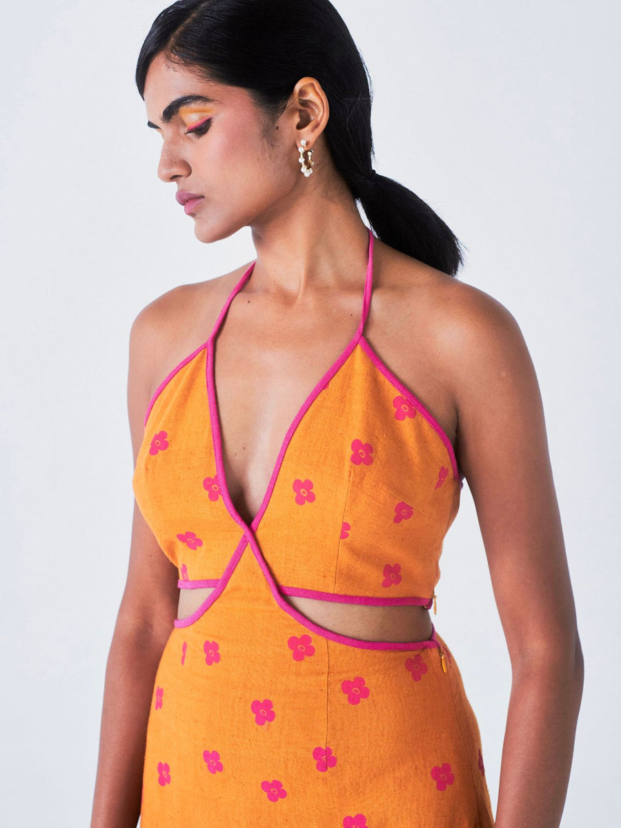 Releve Fashion Little Things Studio Aboli Cutout Halter Dress Orange and Pink Floral Print Sustainable Luxury Fashion Conscious Clothing Ethical Designer Brand Artisanal Handcrafted Purchase with Purpose Shop for Good
