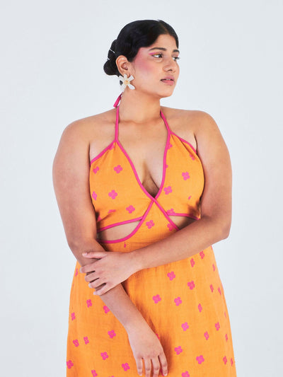 Releve Fashion Little Things Studio Aboli Cutout Halter Dress Orange and Pink Floral Print Sustainable Luxury Fashion Conscious Clothing Ethical Designer Brand Artisanal Handcrafted Purchase with Purpose Shop for Good