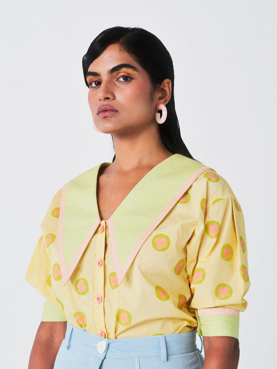 Releve Fashion Little Things Studio Amaltas Collared Button Down Top Yellow Floral and Polka Dot Print Sustainable Luxury Fashion Conscious Clothing Ethical Designer Brand Artisanal Handcrafted Purchase with Purpose Shop for Good