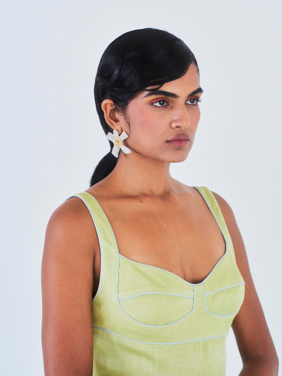 Releve Fashion Little Things Studio Chandni Orange Fibre Fabric Dress in Green Ethical Luxury Brand Sustainable Jewelry Conscious Fashion Purchase with Purpose Shop for Good