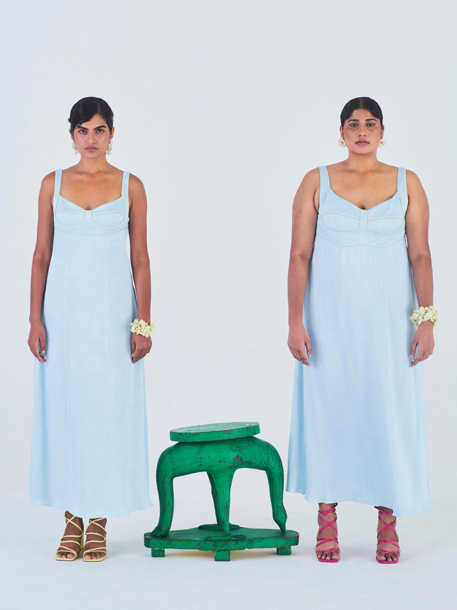 Releve Fashion Little Things Studio Chandni Orange Fibre Fabric Dress in Powder Blue Ethical Luxury Brand Sustainable Jewelry Conscious Fashion Purchase with Purpose Shop for Good