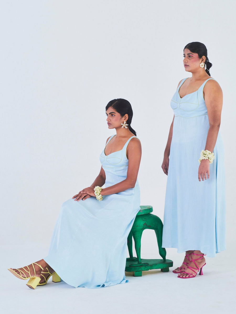 Releve Fashion Little Things Studio Chandni Orange Fibre Fabric Dress in Powder Blue Ethical Luxury Brand Sustainable Jewelry Conscious Fashion Purchase with Purpose Shop for Good