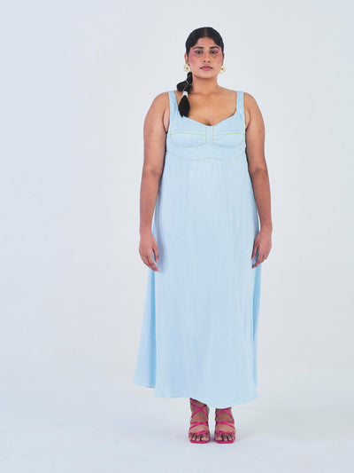 Releve Fashion Little Things Studio Chandni Orange Fibre Fabric Dress in Powder Blue Ethical Luxury Brand Sustainable Jewelry Conscious Fashion Purchase with Purpose Shop for Good