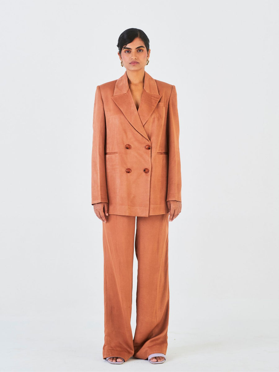 Releve Fashion Little Things Studio Chiku Orange Fibre Fabric Trouser Suit in Brown Ethical Luxury Brand Sustainable Clothing Conscious Fashion Purchase with Purpose Shop for Good